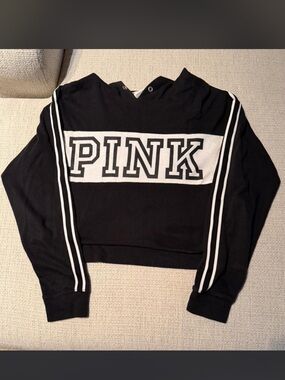 PINK Victoria's Secret Black Cropped Hoodie with White Logo XS